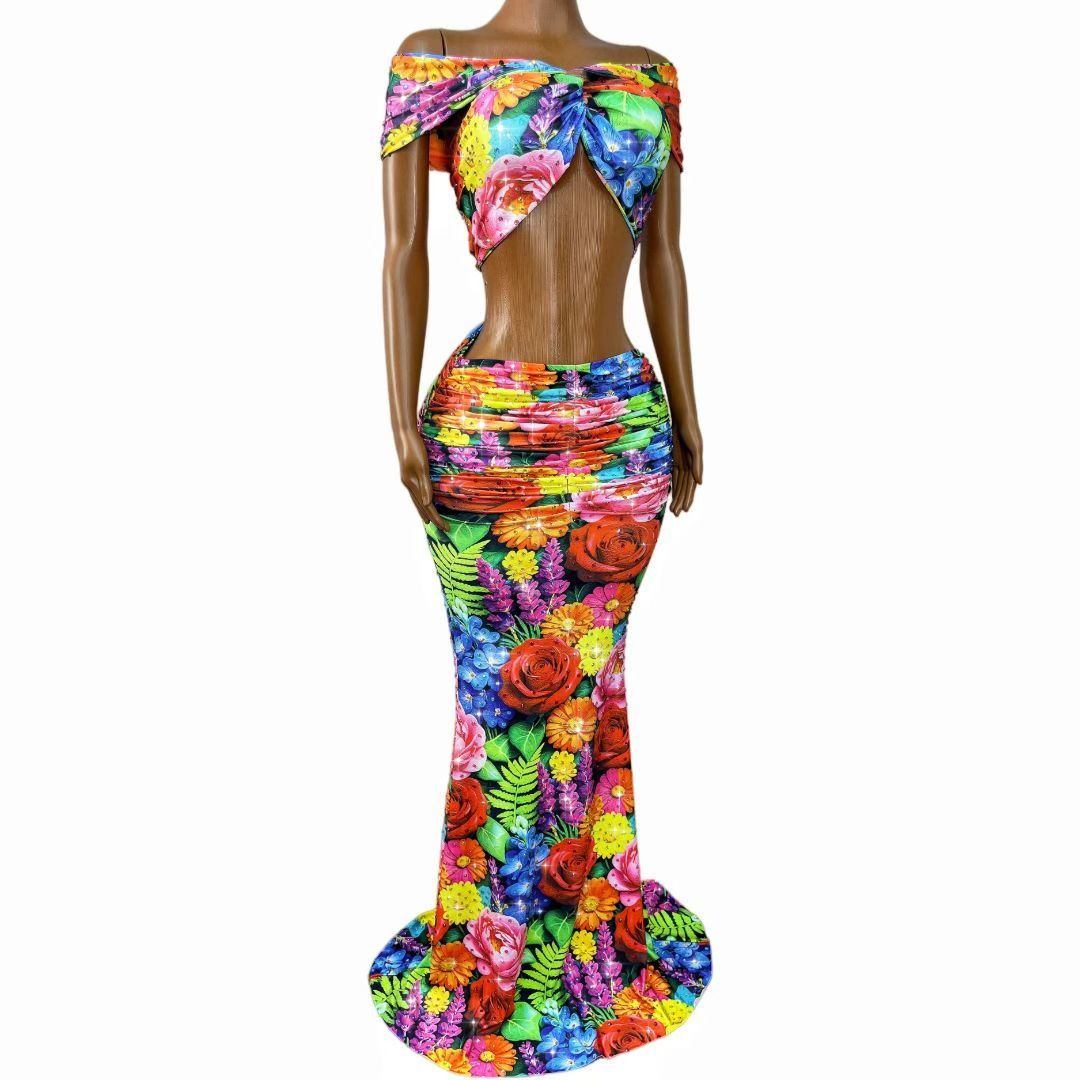 Colorful Floral Crystal Rhinestone Off-Shoulder Mermaid Gown Set – Garden Bloom