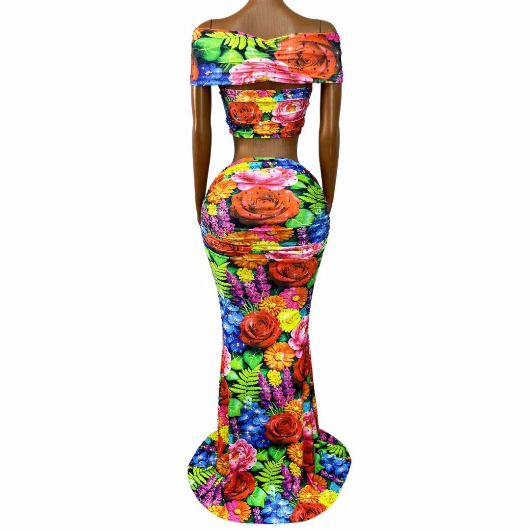 Colorful Floral Crystal Rhinestone Off-Shoulder Mermaid Gown Set – Garden Bloom