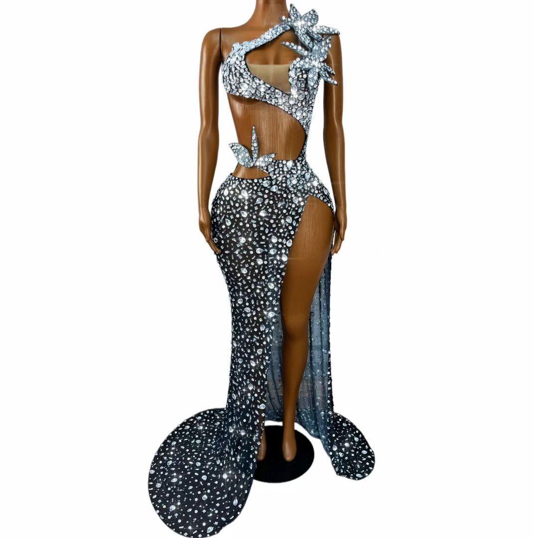 Silver Crystal Cutout Gown | One-Shoulder Rhinestone Evening Dress – Stellar Eclipse