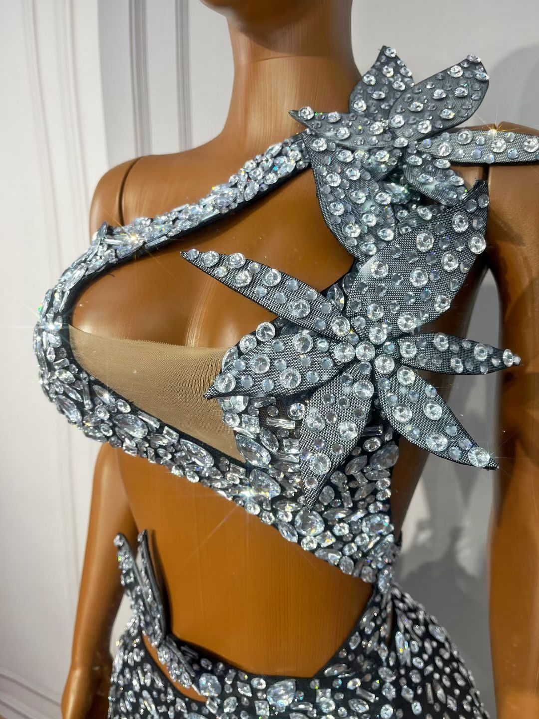 Silver Crystal Cutout Gown | One-Shoulder Rhinestone Evening Dress – Stellar Eclipse