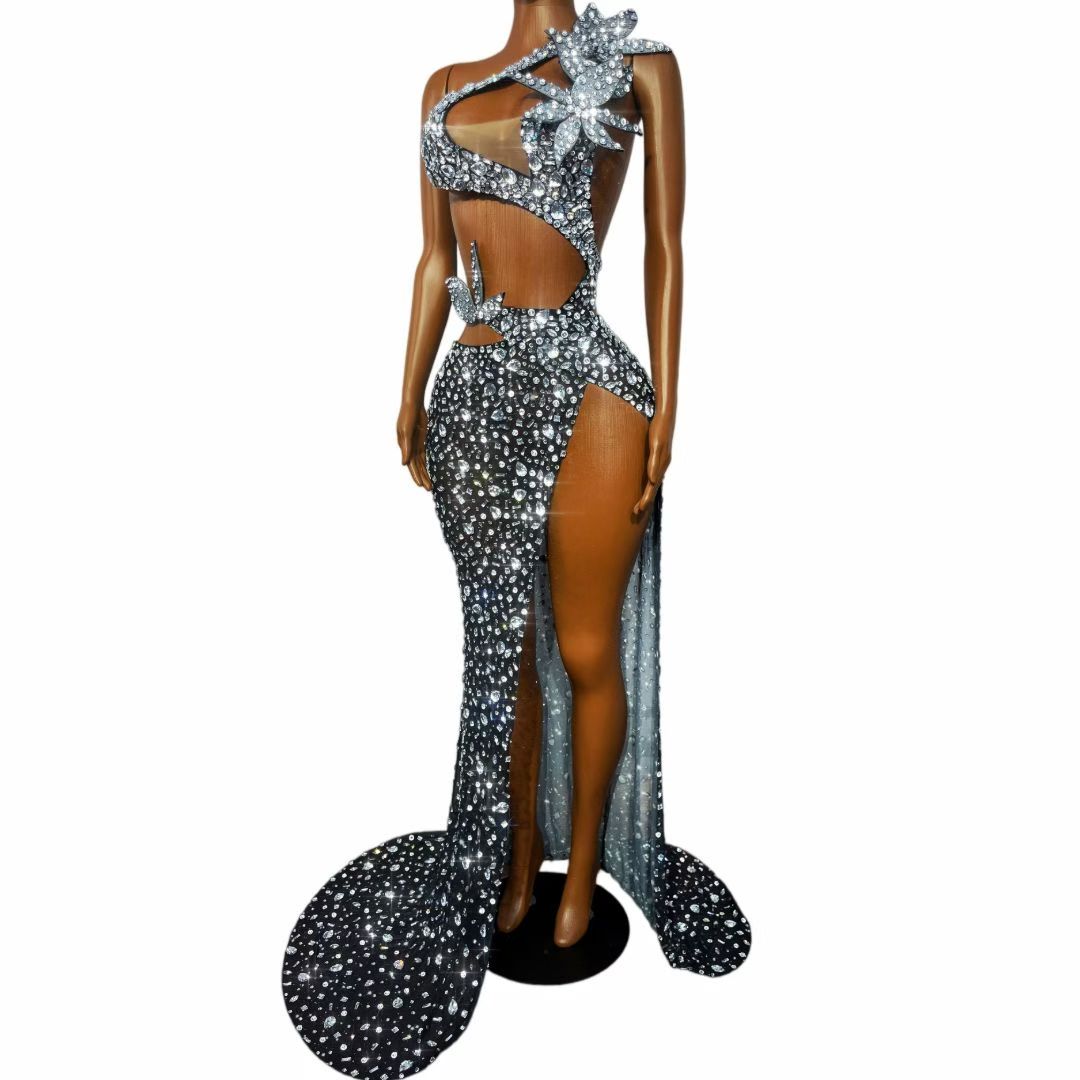 Silver Crystal Cutout Gown | One-Shoulder Rhinestone Evening Dress – Stellar Eclipse