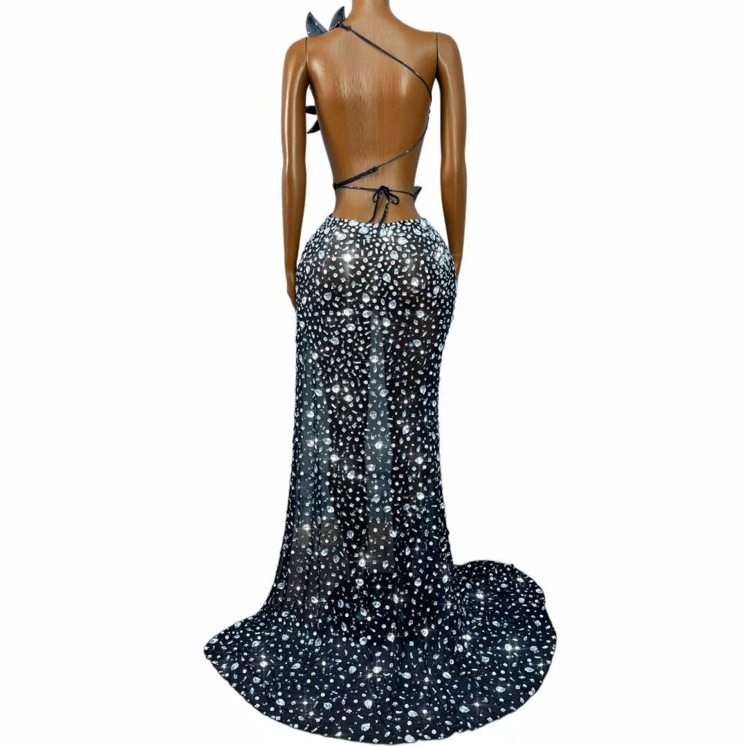 Silver Crystal Cutout Gown | One-Shoulder Rhinestone Evening Dress – Stellar Eclipse
