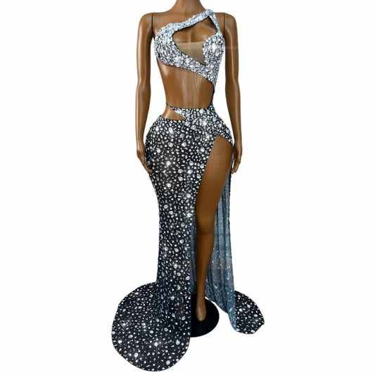 Silver Crystal Cutout Gown | One-Shoulder Rhinestone Evening Dress – Stellar Eclipse