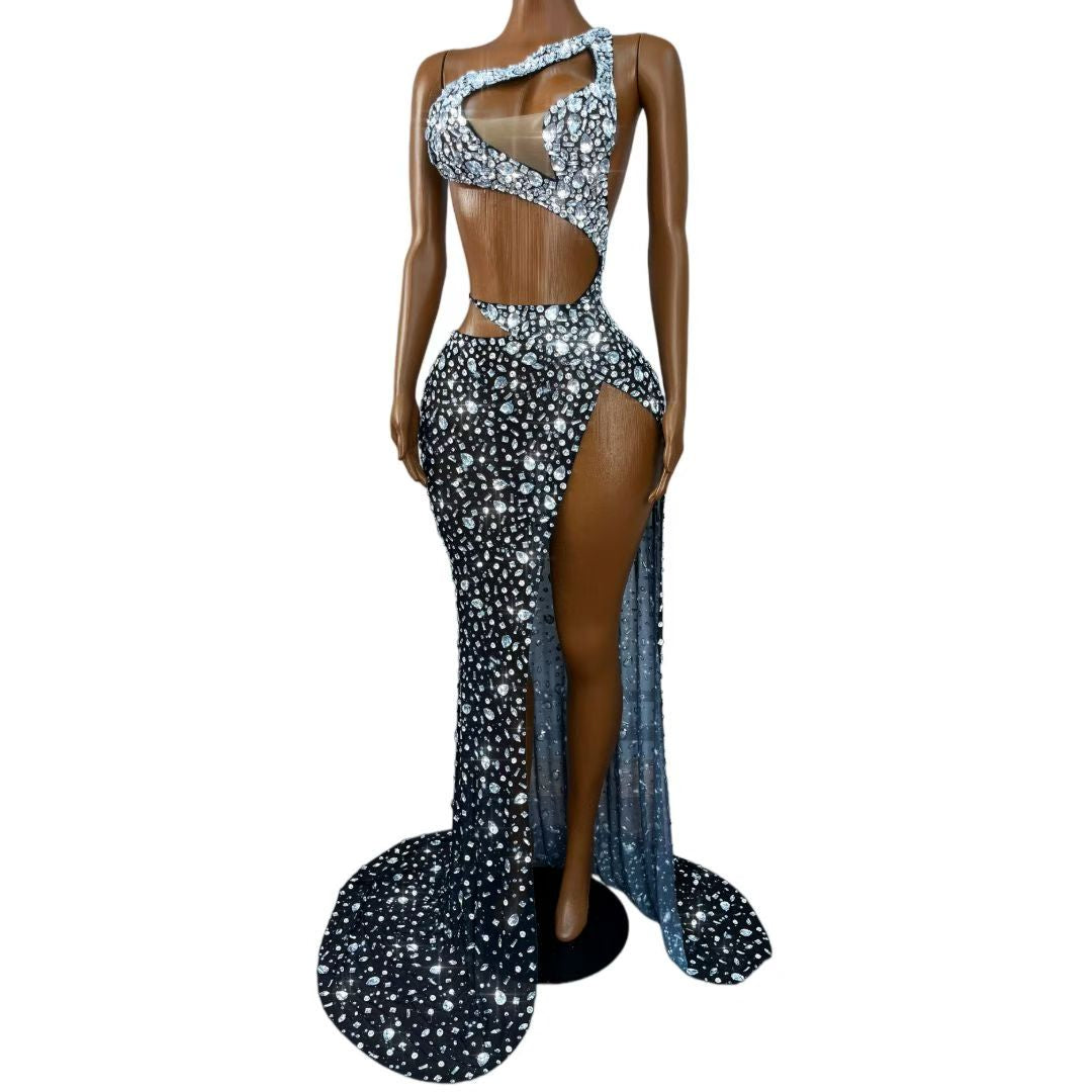 Silver Crystal Cutout Gown | One-Shoulder Rhinestone Evening Dress – Stellar Eclipse