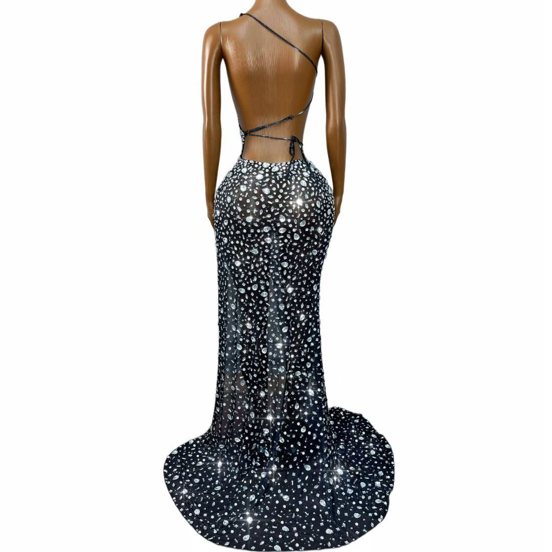 Silver Crystal Cutout Gown | One-Shoulder Rhinestone Evening Dress – Stellar Eclipse
