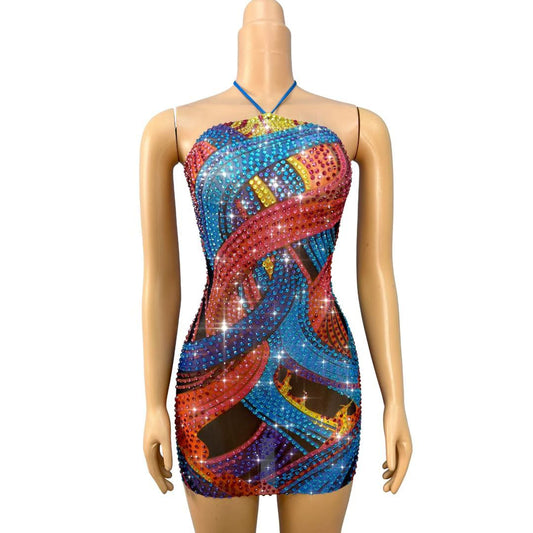 Tribal style Crystal Swirl Mini Dress | Stage Rhinestone Costume – Aurora Vortex
