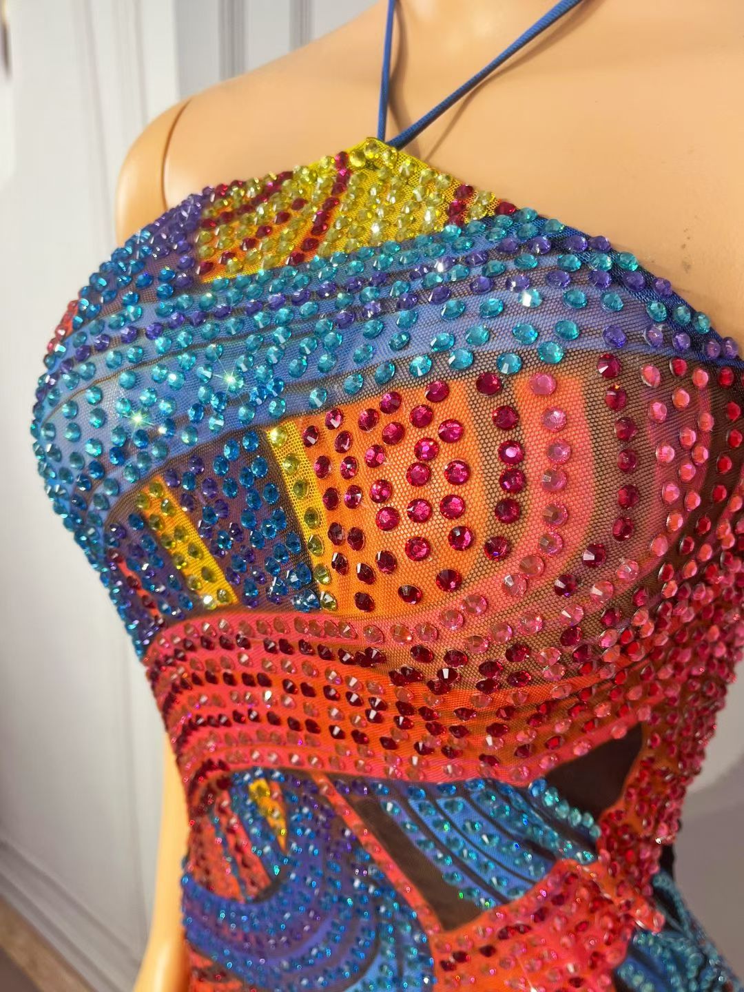 Tribal style Crystal Swirl Mini Dress | Stage Rhinestone Costume – Aurora Vortex