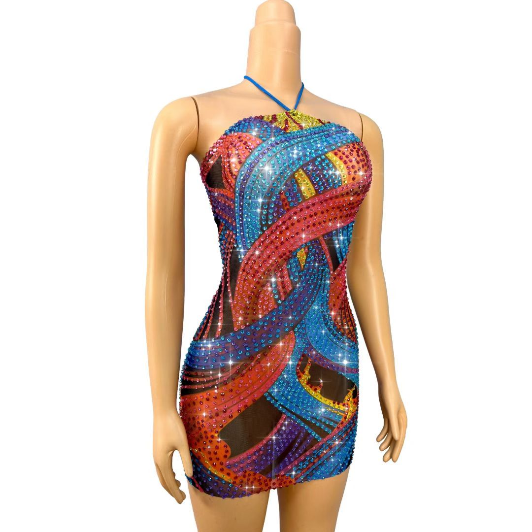 Tribal style Crystal Swirl Mini Dress | Stage Rhinestone Costume – Aurora Vortex